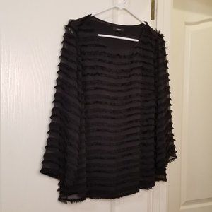 Alfani Woman's Black Fringe Blouse Long Sleeve Pullover Boat Neck Size M